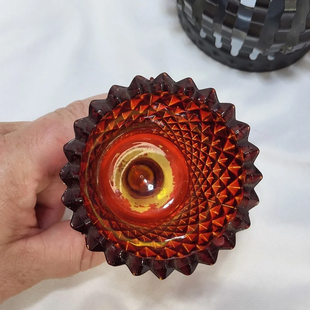 Vintage Ruby Red Diamond Point Glass Peg Votive Candle Holders Metal Cage Set 2